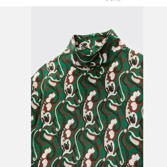 NWT Blogger Fav ZARA Retro PRINTED MIDI DRESS GREEN Sz M - Picture 8 of 12